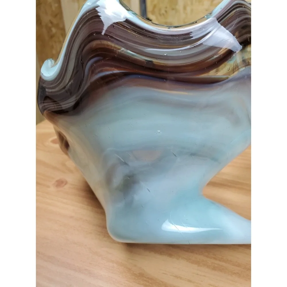 Vintage Hand Blown Art Glass Dish Bowl Swirling Red /Blue Brown Compote W/Handle